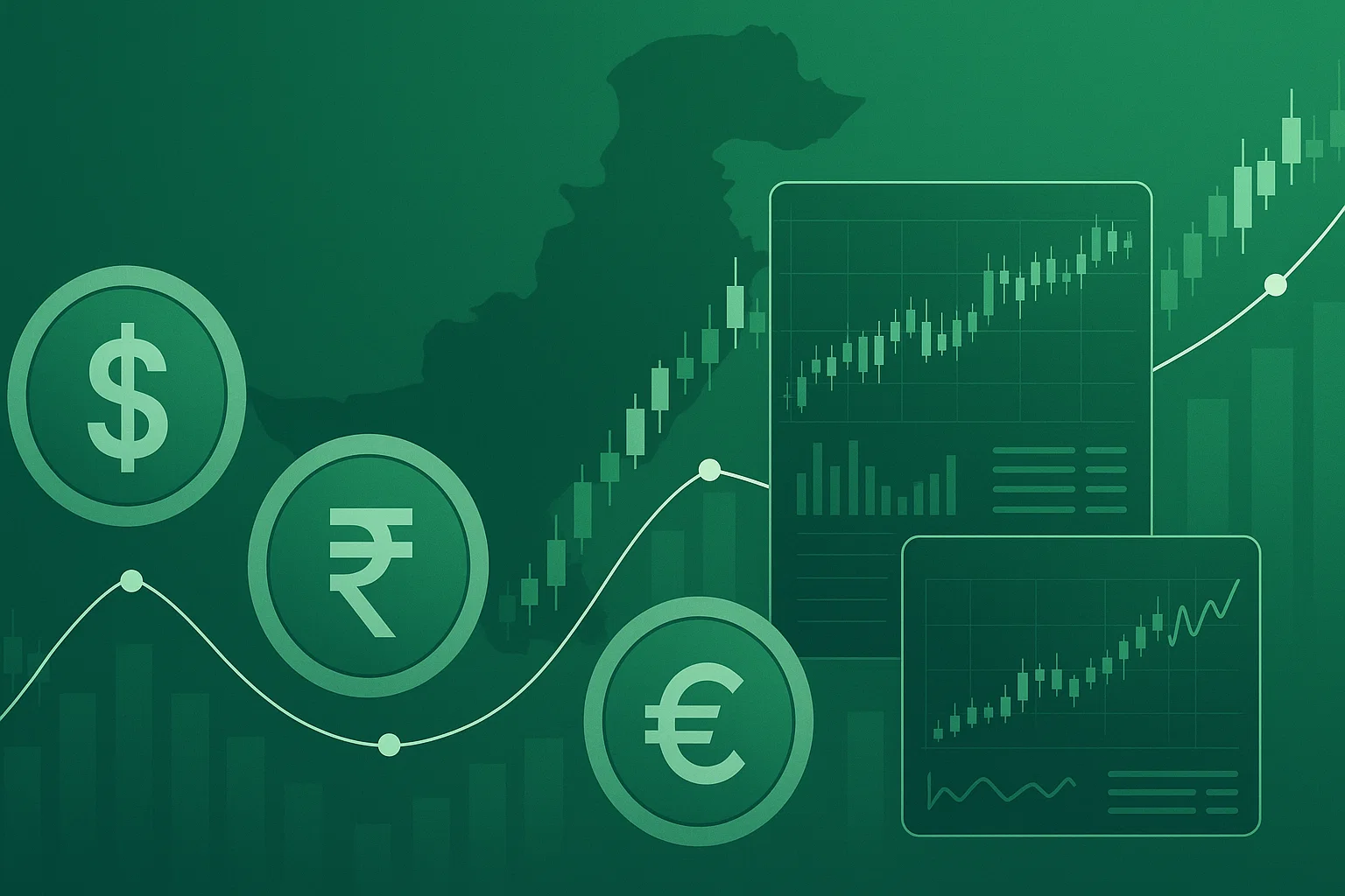 Forex trading legality in Pakistan illustrated with digital currency charts, stock graphs, and PKR/USD symbols in a modern business design.